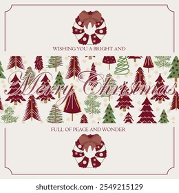 Merry Christmas with Red Tree Pattern Card Style Outline Frame
