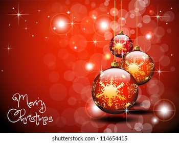 Merry Christmas red vector background with baubles