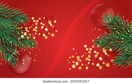 Merry Christmas red vector background with evegreen branch, glass ball and glitter gold confetti. Holiday xmas banner card design.