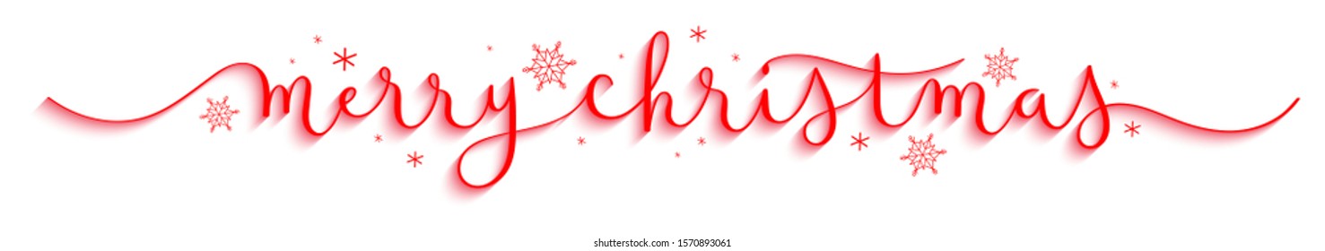 MERRY CHRISTMAS red vector brush calligraphy banner with snowflakes