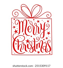 MERRY CHRISTMAS red vector brush calligraphy inside of gift with ribbons on white background