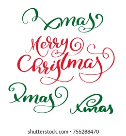 Merry Christmas red vector Calligraphic Lettering text and set of xmas green text for design greeting cards. Holiday Greeting Gift Poster. Calligraphy modern Font