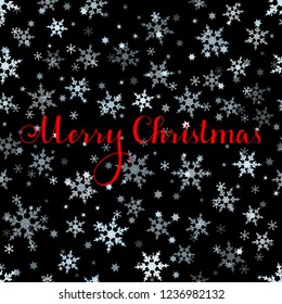 Merry Christmas red vector text, Calligraphic Lettering design card template. Creative typography for Holiday Greeting Poster. Calligraphy Font style Banner, black background, white blue snowflakes.
