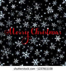 Merry Christmas red vector text, Calligraphic Lettering design card template. Creative typography for Holiday Greeting Poster. Calligraphy Font style Banner, black background, white blue snowflakes.