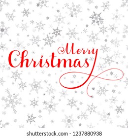 Merry Christmas red vector text, Calligraphic Lettering design card template. Creative typography for Holiday Greeting Gift Poster. Calligraphy Font style Banner, silver snowflakes, white background.
