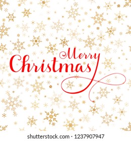 Merry Christmas red vector text, Calligraphic Lettering design card template. Creative typography for Holiday Greeting Gift Poster. Calligraphy Font style Banner, white background with gold snowflakes