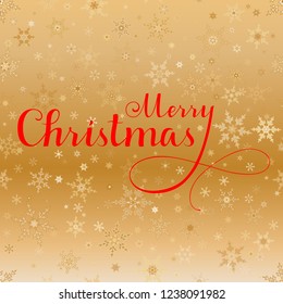 Merry Christmas red vector text, Calligraphic Lettering design card template. Creative typography for Holiday Greeting Gift Poster. Calligraphy Font style Banner, gold background with snowflakes.