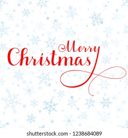 Merry Christmas red vector text, Calligraphic Lettering design card template. Creative typography for Holiday Greeting Gift Poster. Calligraphy Font style Banner, blue snowflakes on white background.