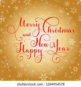 Merry Christmas red vector text, Calligraphic Lettering design card template. Creative typography for Holiday Greeting Gift Poster. Calligraphy Font style Banner, gold background with snowflakes.