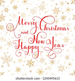 Merry Christmas red vector text, Calligraphic Lettering design card template. Creative typography for Holiday Greeting Gift Poster. Calligraphy Font style Banner, white background with gold snowflakes
