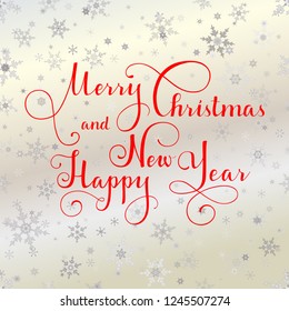 Merry Christmas red vector text, Calligraphic Lettering design card template. Creative typography for Holiday Greeting Gift Poster. Calligraphy Font style Banner, silver snowflakes background.
