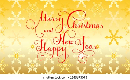 Merry Christmas red vector text, Calligraphic Lettering design card template. Creative typography for Holiday Greeting Gift Poster. Calligraphy Font style Banner, gold background with snowflakes.