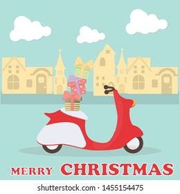 merry christmas red vespa carry gift boxes ride around the town background.vespa park among nice environment and green cloud banner.