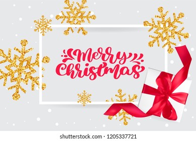 Merry Christmas red vintage calligraphy lettering vector text on greeting Christmas card with golden snowflakes and gift box. For art template design list page, mockup brochure