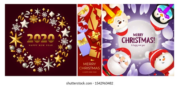 Merry Christmas red, violet banner set with wreath, animals. New Year, Christmas, winter. Calligraphy with decorative design can be used for invitations, post cards, announcements