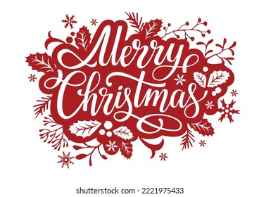 Merry Christmas red and white lettering design with mistletoe leaves. Merry Christmas festive sign. Christmas element. Vector illustration.