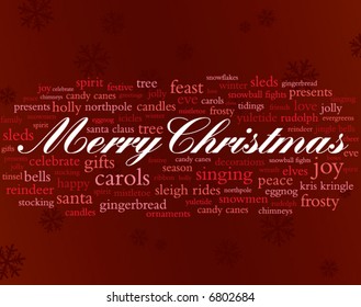 merry christmas in red and white surrounded by lots of holiday words