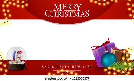 Merry Christmas, red and white template for your arts with presents and snow globe with snowmen inside