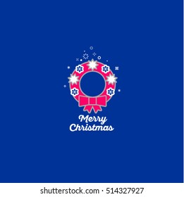 Merry Christmas. Red Christmas wreath and snowflakes in the blue background.