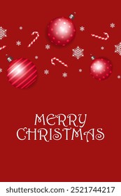 Merry Christmas. Red xmas balls, candy cane and snowflake on red background. Vector vertical greeting card