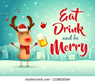 Merry Christmas! The red-nosed reindeer with beer in Christmas snow scene winter landscape.