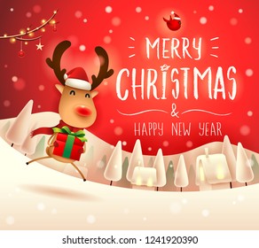 Merry Christmas! The red-nosed reindeer with gift present in Christmas snow scene winter landscape. 