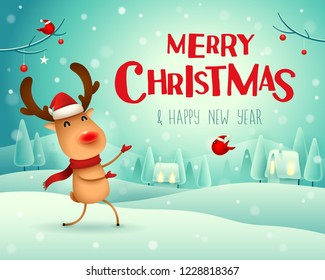 Merry Christmas! The red-nosed reindeer greets in Christmas snow scene winter landscape.