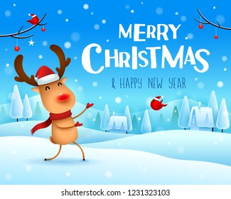 Merry Christmas! The red-nosed reindeer greets in Christmas snow scene winter landscape. 