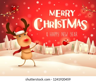 Merry Christmas! The red-nosed reindeer greets in Christmas snow scene winter landscape. 