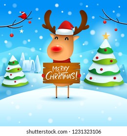 Merry Christmas! The red-nosed reindeer holds wooden board sign in Christmas snow scene winter landscape.