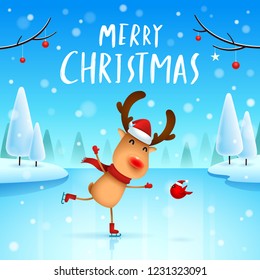 Merry Christmas! The red-nosed reindeer on skates in Christmas snow scene winter landscape.
