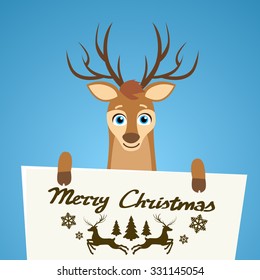 Merry Christmas Reindeer Cartoon Character Poster Santa Helper Greeting Card Hold Placard Sign Board Blank with Copy Space Flat Vector Illustration