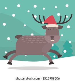 Merry Christmas reindeer character with Santa Claus red hat on snow background. cartoon flat vector illustration