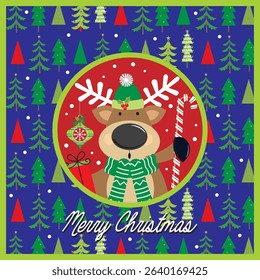 Merry Christmas Reindeer with Gifts and Candy Cane