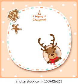 Merry Christmas with reindeer and gingerbread cookies on beige background.