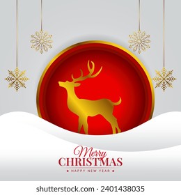 merry christmas reindeer and golden snowflakes greeting vector
