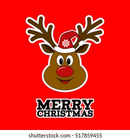 Merry Christmas Reindeer With Hat. Sticker. Rudolph Deer.