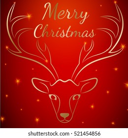 Merry Christmas reindeer head on stars dots background.Graceful noble animal reindeer on red soft glow surrounding,xmas wish postcard.Merry Xmas reindeer silhouette-red reindeer head with antlers