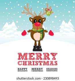 Merry Christmas Reindeer on a blue snowy background with multiple Christmas text banners and snowflakes