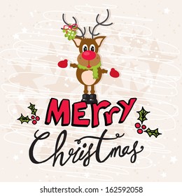 Merry Christmas Reindeer on a Cream Background with Hand Drawn Text and Holly