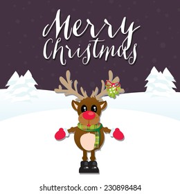 Merry Christmas Reindeer on a Purple Snowy Background with Merry Christmas Text