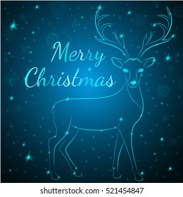 Merry Christmas reindeer on snowflakes stars dots background.Graceful noble animal reindeer on blue soft glow surrounding,xmas wish postcard.Merry Xmas reindeer silhouette - blue reindeer with antlers