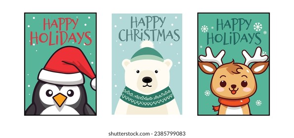 Merry Christmas with Reindeer, Penguin, and Polar Bear: Vector Winter Animals Set Collection for Greeting Cards and Posters