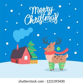 Merry Christmas reindeer poster with greeting text vector. Animal with horns, symbol of winter holiday. House and snowflakes falling down. Pine tree