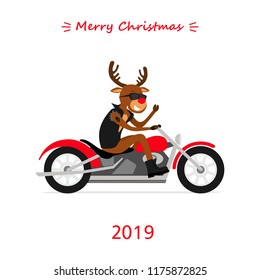 Merry Christmas! Reindeer Rudolph ride the motorcycle. Greeting Christmas card 2019