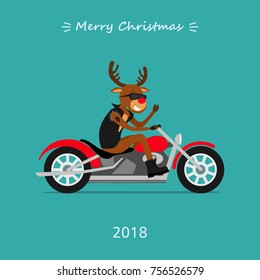 Merry Christmas! Reindeer  Rudolph ride the motorcycle. Greeting Christmas card 2018