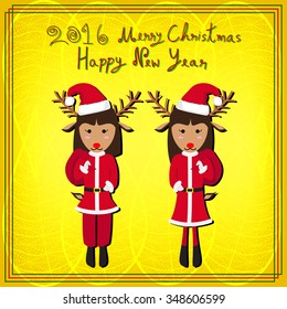 Merry Christmas Reindeer Santa Gold Background Vector Illustration