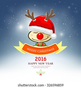 Merry Christmas, Reindeer with santa hat design on blue background, vector illustration