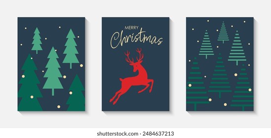 Merry Christmas, reindeer and snowflakes, Christmas trees, set of Christmas cards for your design, winter vector illustration.