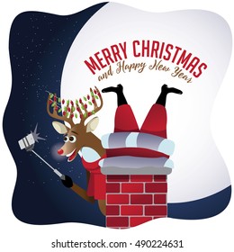 Merry Christmas Reindeer takes a selfie with Santa Claus stuck in the chimney. EPS 10 vector.